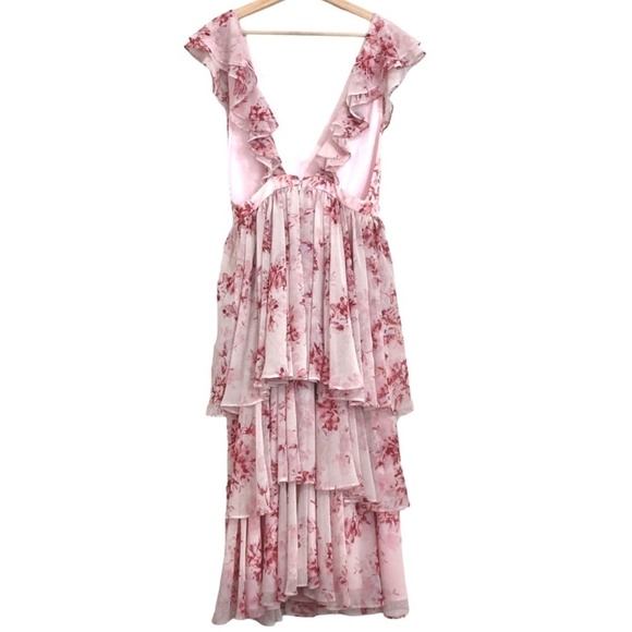 FAME AND PARTNERS Delaney Pink Floral Ruffled Tiered Chiffon Midi Dress - Picture 10 of 12